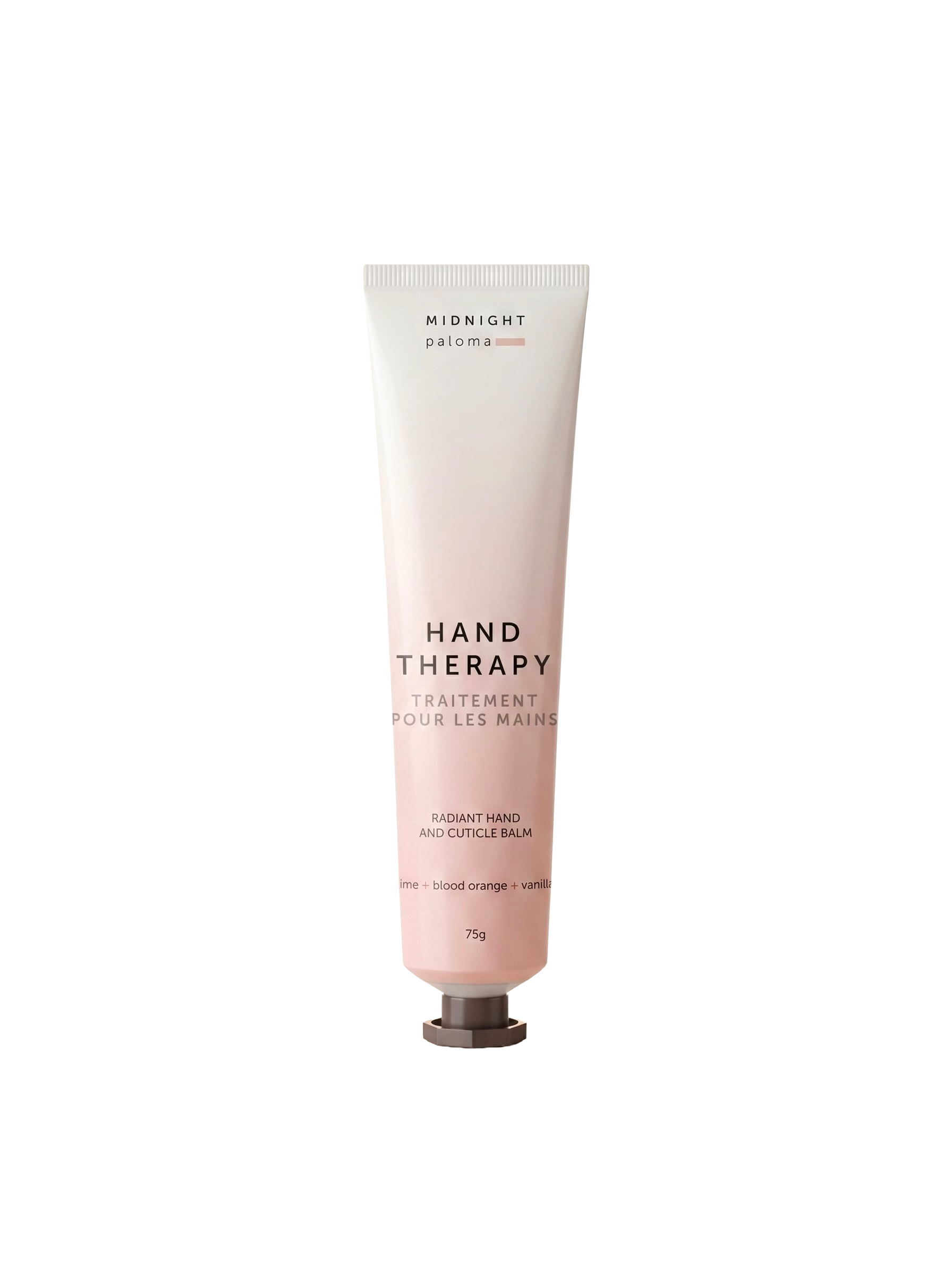 Mimro Midnight Paloma Hand Therapy Cream with blood orange and vanilla, shown in a sleek tube with vibrant orange and vanilla accents.