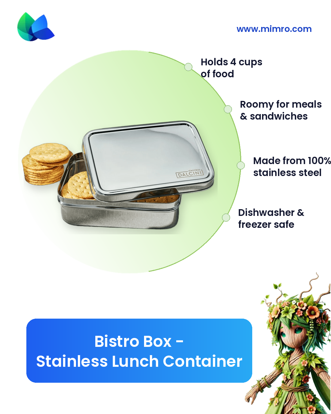 
                  
                    Stainless steel Dalcini Bistro Box lunch container by mimro with multiple compartments for easy meal packing.
                  
                