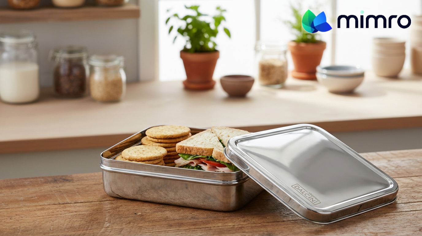 Stainless steel Dalcini Bistro Box lunch container by mimro with multiple compartments for organized meals.