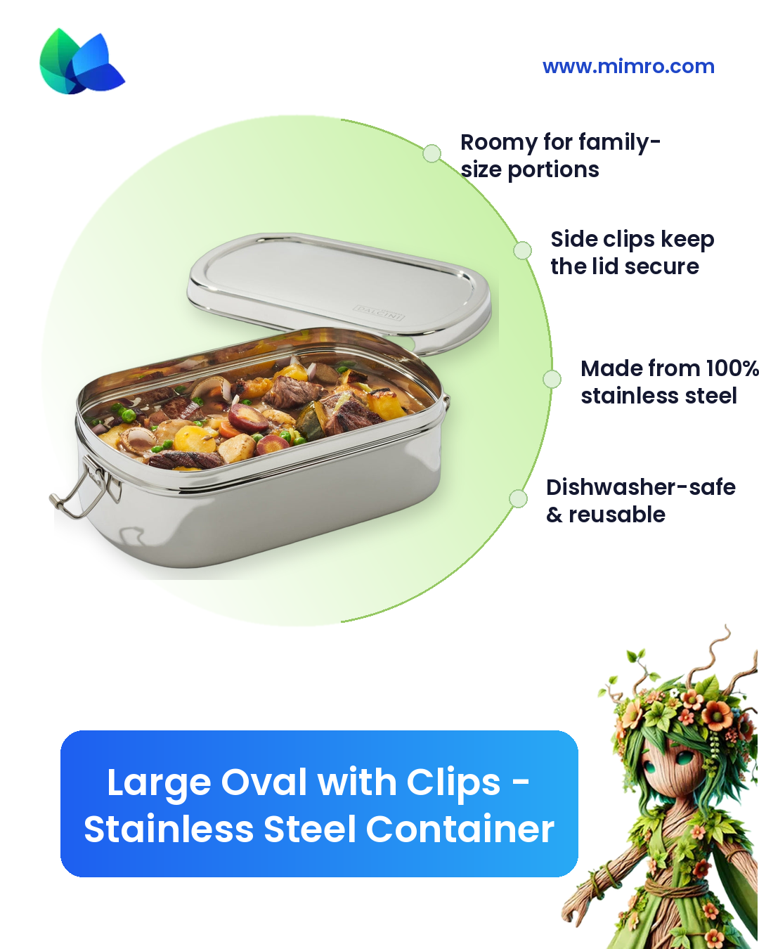 
                  
                    Large stainless steel oval food container with clips by mimro, featuring a secure lid and durable construction.
                  
                