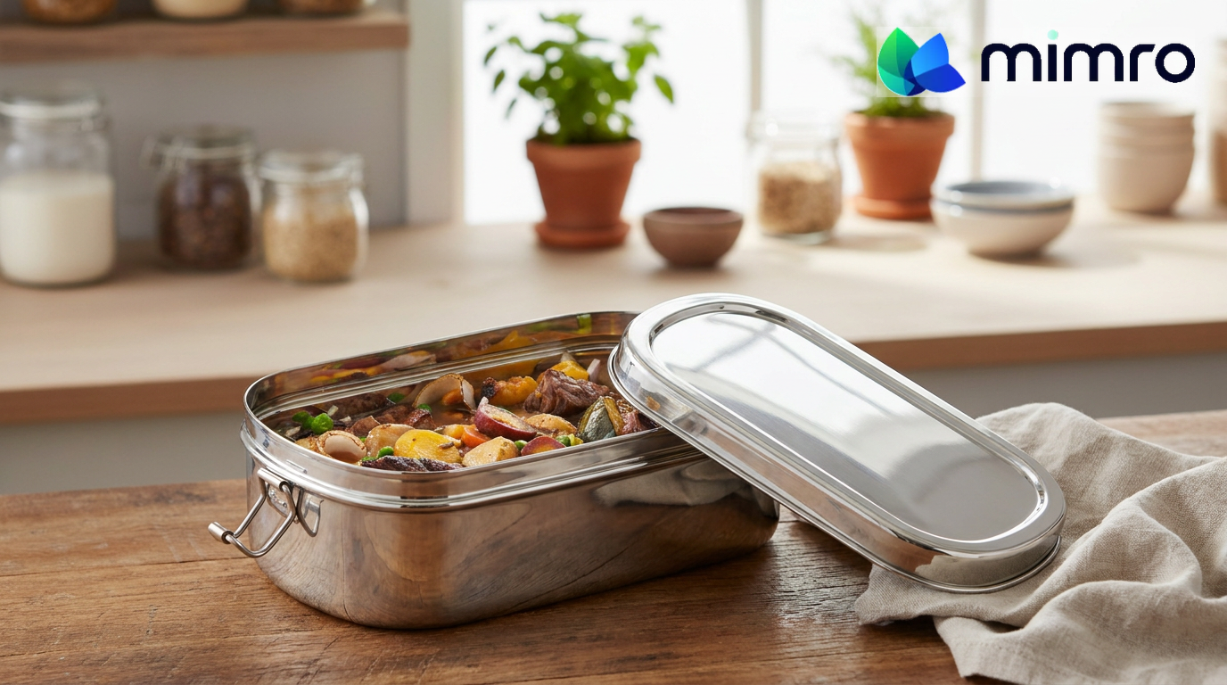 
                  
                    Stainless steel DALCINI large oval food container with clips by mimro, showing the secure lid and shiny finish.
                  
                