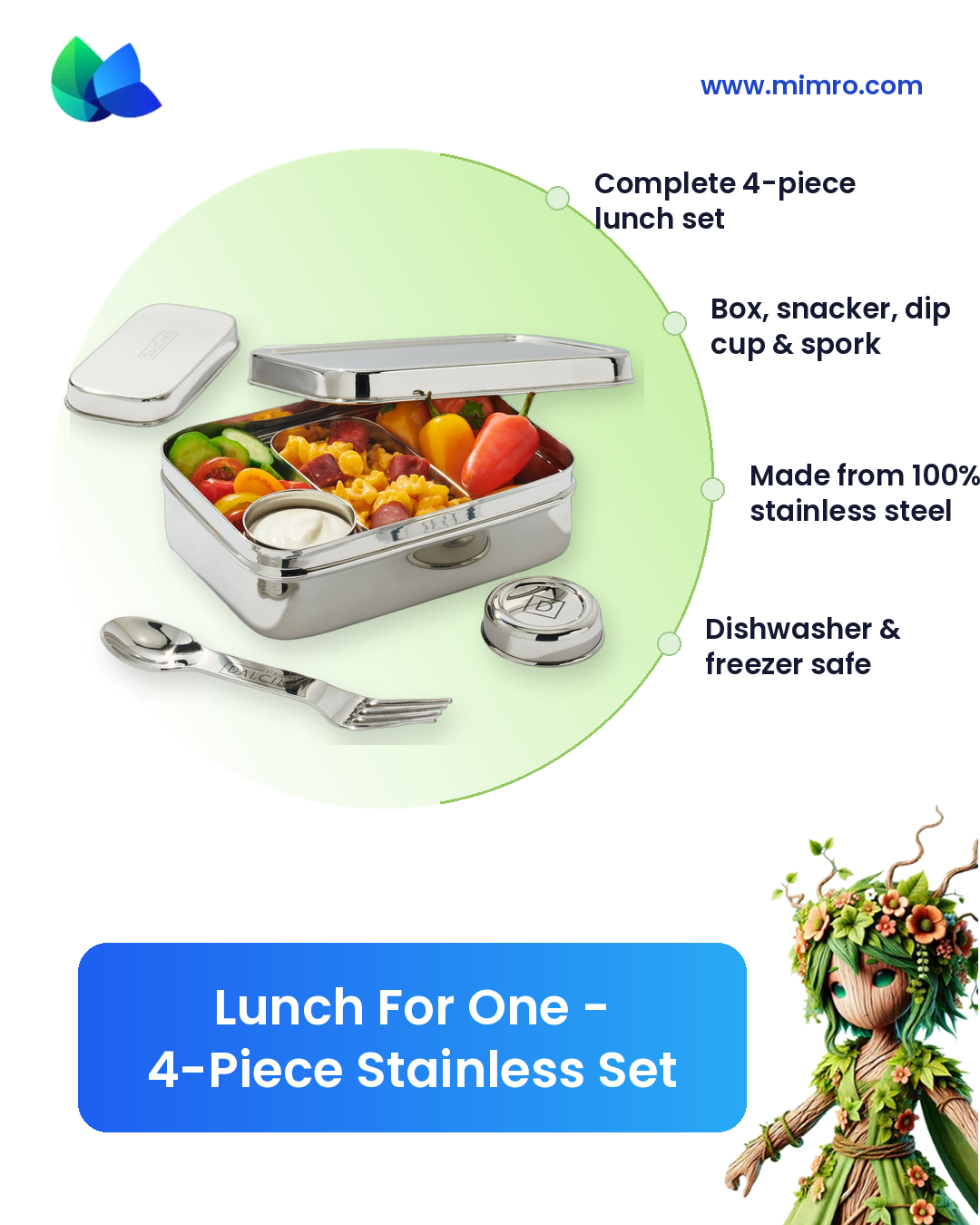 
                  
                    Stainless steel DALCINI Lunch For One 4-piece lunch set by mimro, featuring compartments for meals and utensils.
                  
                