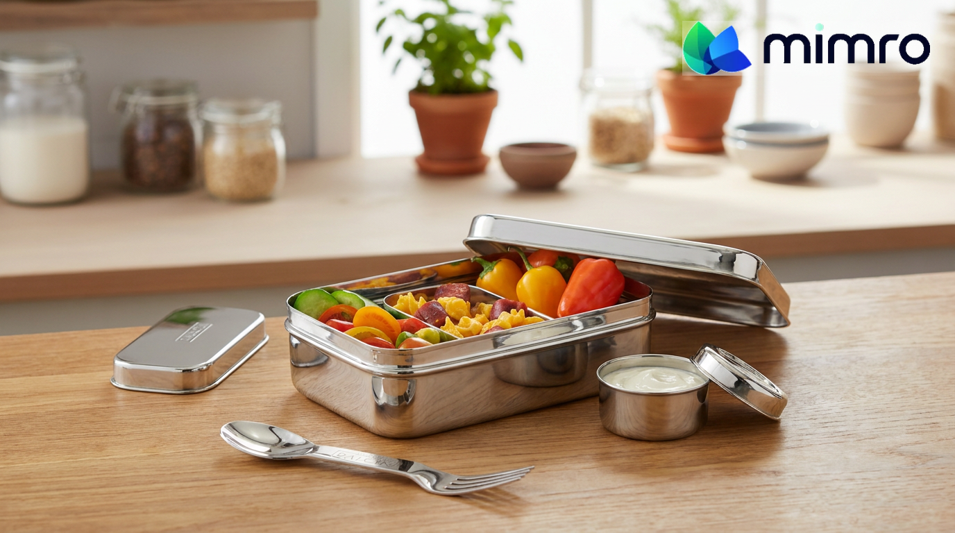 Stainless steel DALCINI lunch set for one by mimro, includes four durable containers for meal prep and on-the-go eating.