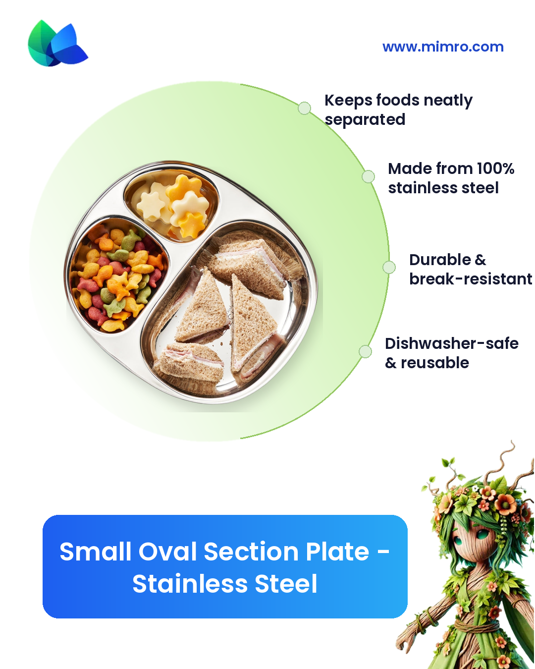 
                  
                    Small oval stainless steel plate with three sections from Dalcini by mimro, designed for organized meal presentation.
                  
                