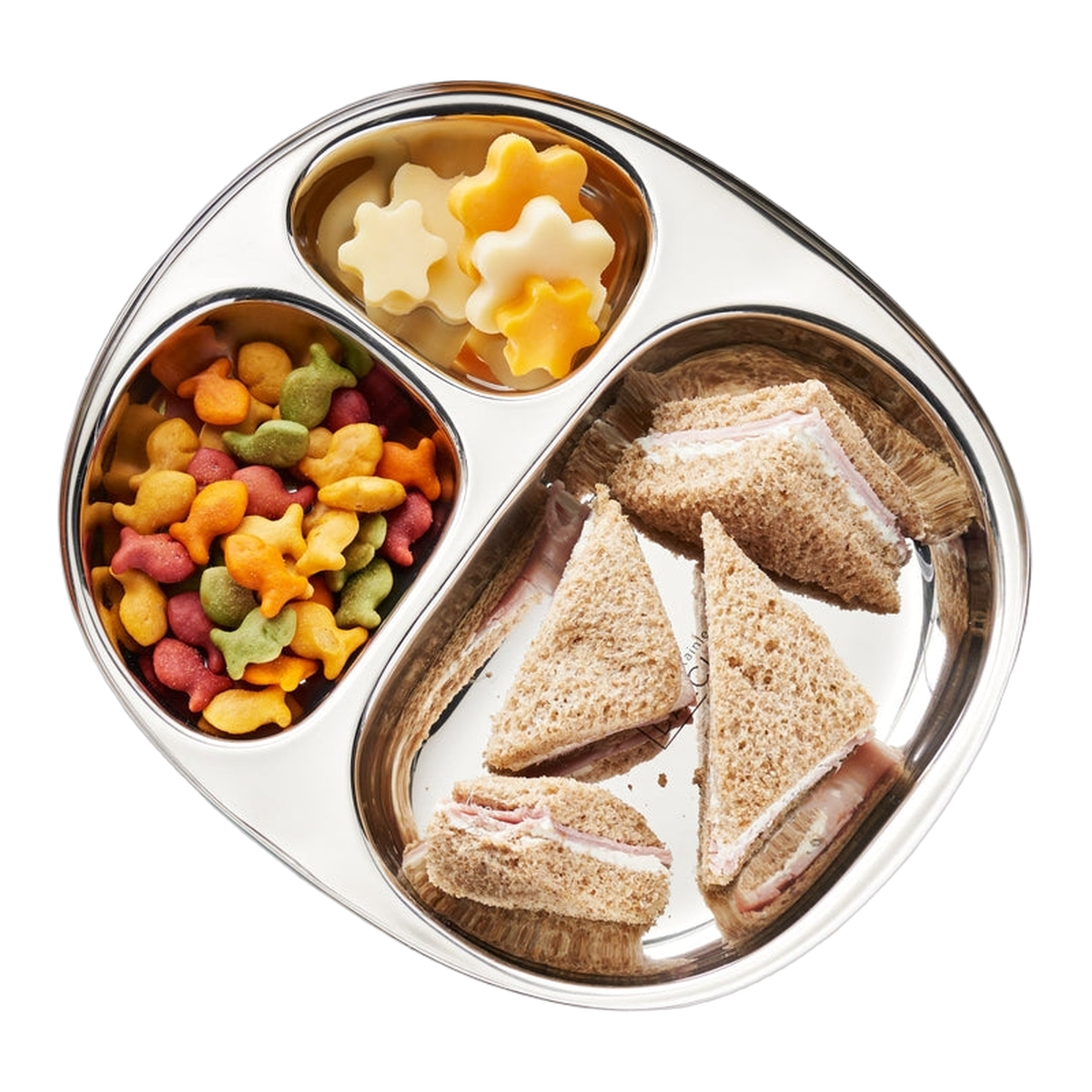 
                  
                    Small oval stainless steel plate with three sections from Dalcini by mimro, ideal for serving meals or appetizers.
                  
                