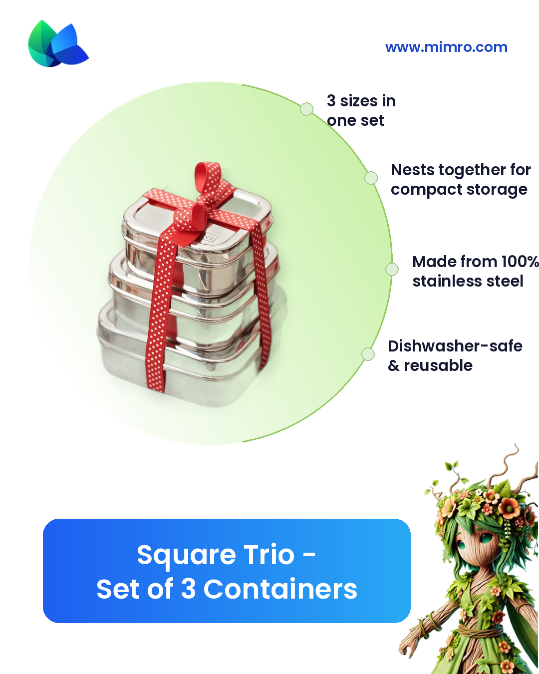 
                  
                    Set of three stainless steel Dalcini Square Trio containers by mimro, featuring sleek, modern design with secure lids.
                  
                