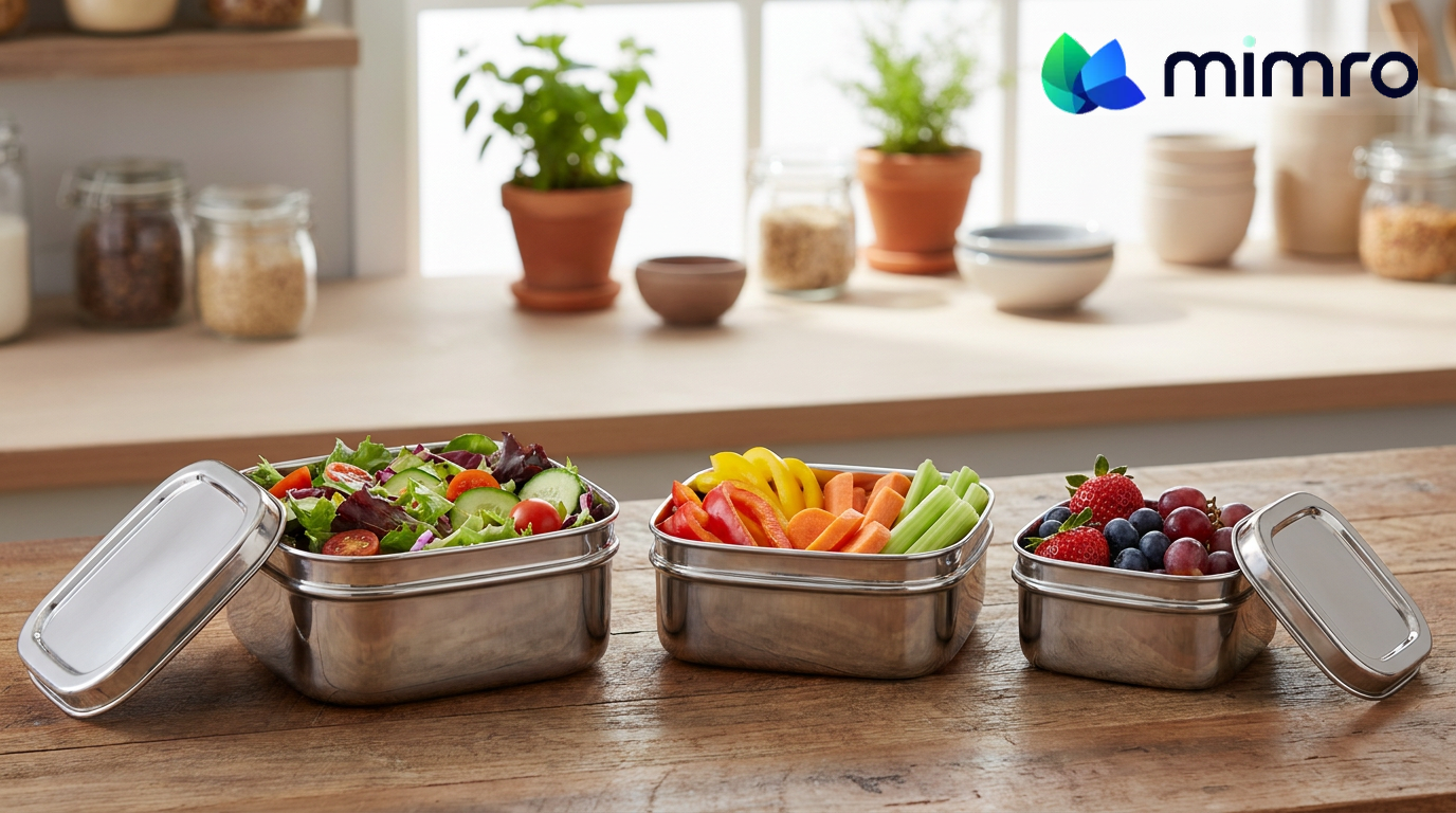 
                  
                    Set of three stainless steel Dalcini Square Trio containers by mimro, featuring sleek, modern design and secure latching lids.
                  
                