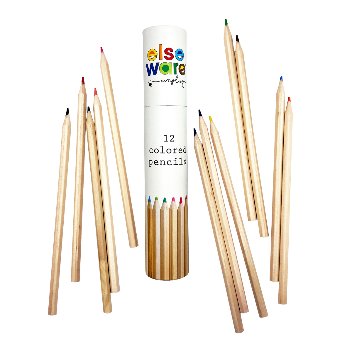 Mimro ELSEWARE UNPLUG Colored Pencils set with 12 vibrant colors in tall 7-inch travel size, perfect for drawing and coloring.
