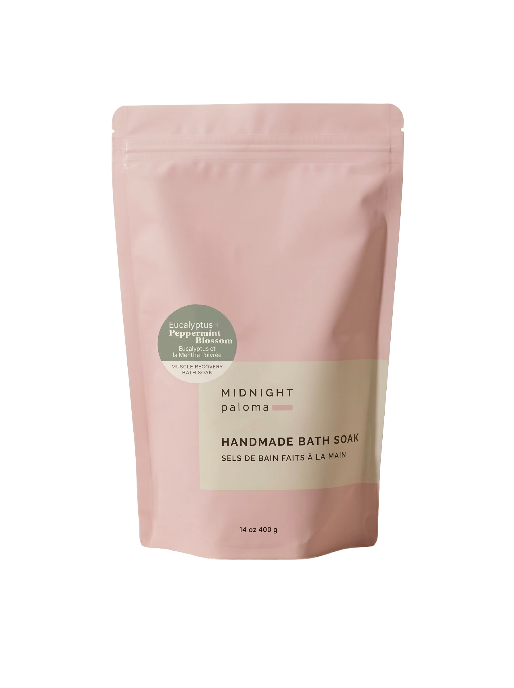 Eucalyptus and peppermint Mimro Midnight Paloma bath soak in a jar, featuring Epsom salt for detox and relaxation.