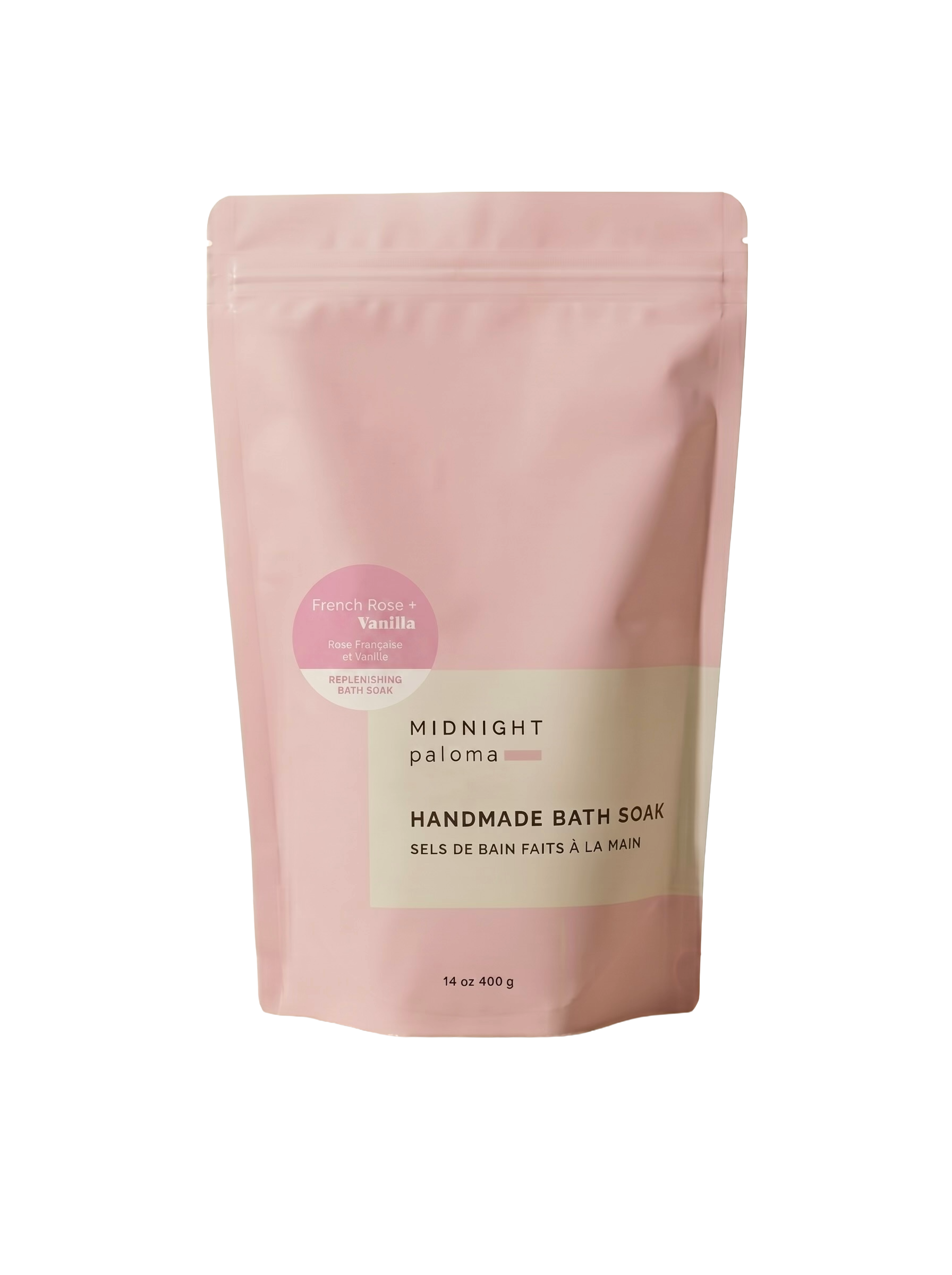 Mimro Midnight Paloma French Rose Vanilla Bath Soak with Epsom salts in a clear jar, showcasing pink floral bath salts with rose petals.