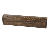 Mimro MYGA wooden incense box with stained ornament cutout design, featuring intricate carved patterns and a natural wood finish.