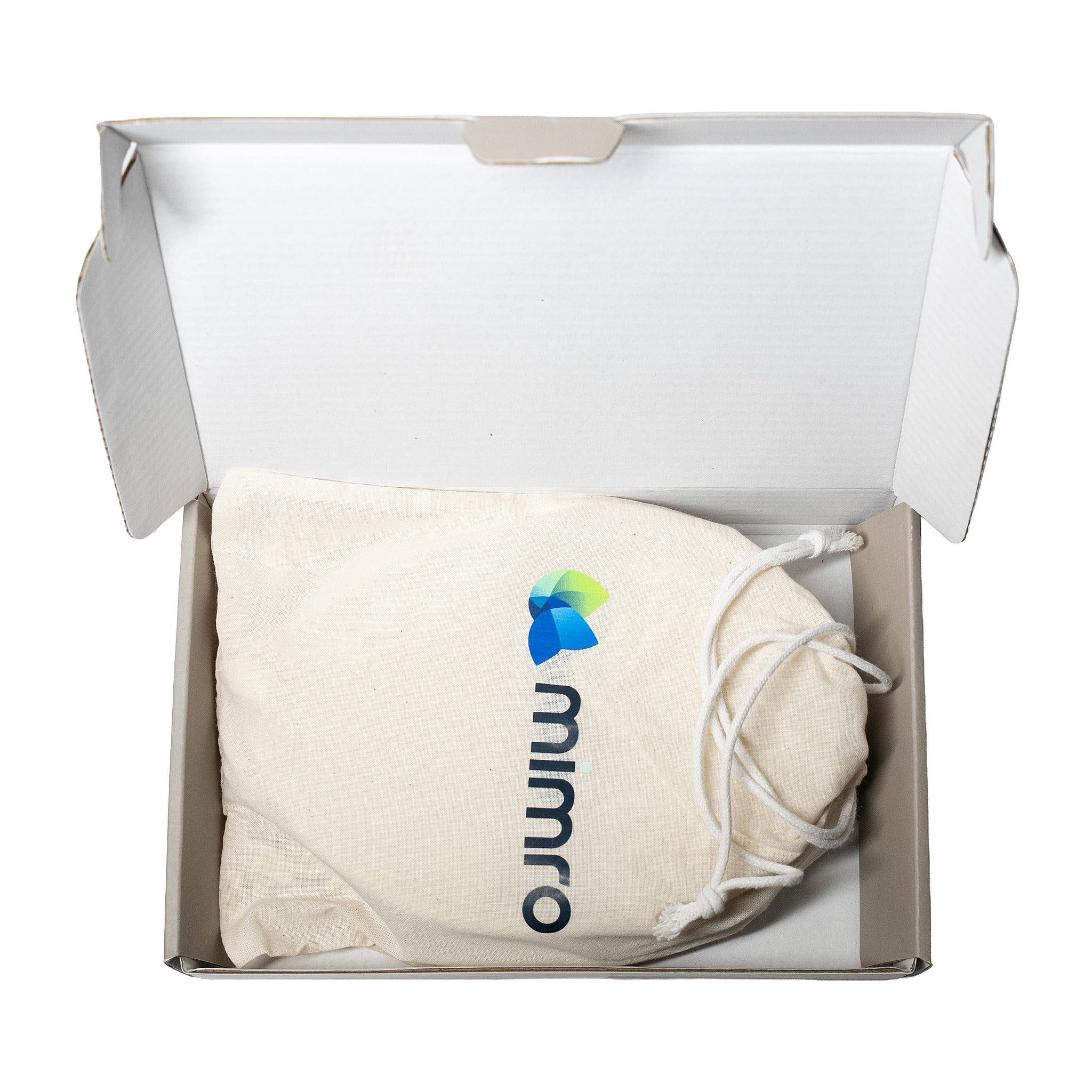 MIMRO Natural Loofah Bath Set in its open box with the cream mimro cotton storage bag