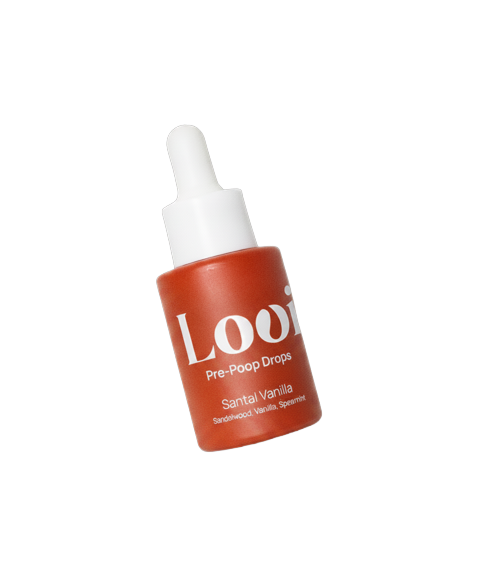 Mimro LOUI Santal Vanilla toilet fresh drops in clear bottle, with vanilla and sandalwood scent visible on packaging.
