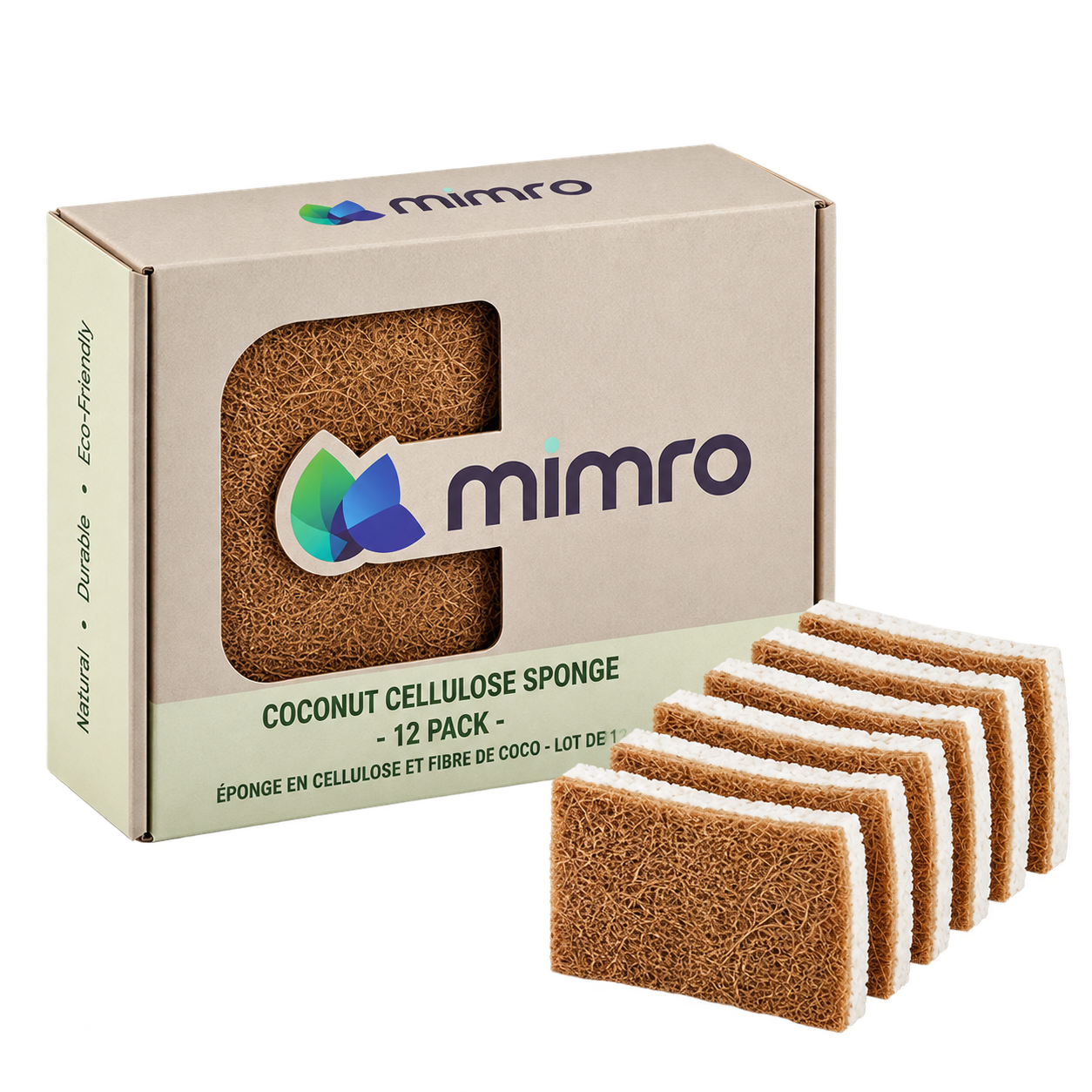 Mimro coconut cellulose kitchen sponge with scrubber side, ideal for dishes and cleaning in the kitchen.
