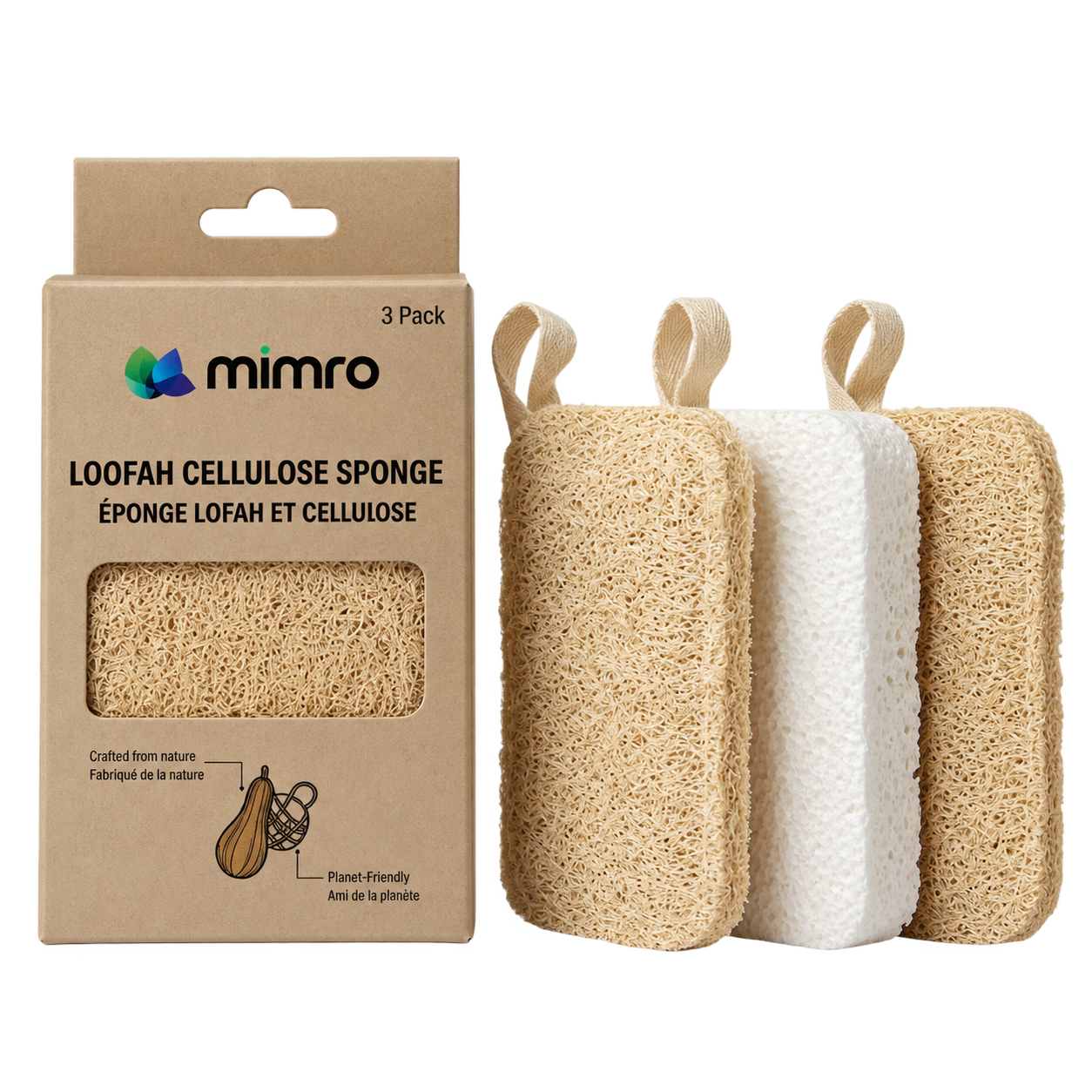 Mimro natural loofah cellulose sponge showing textured surface ideal for gentle scrubbing and cleaning in the kitchen.
