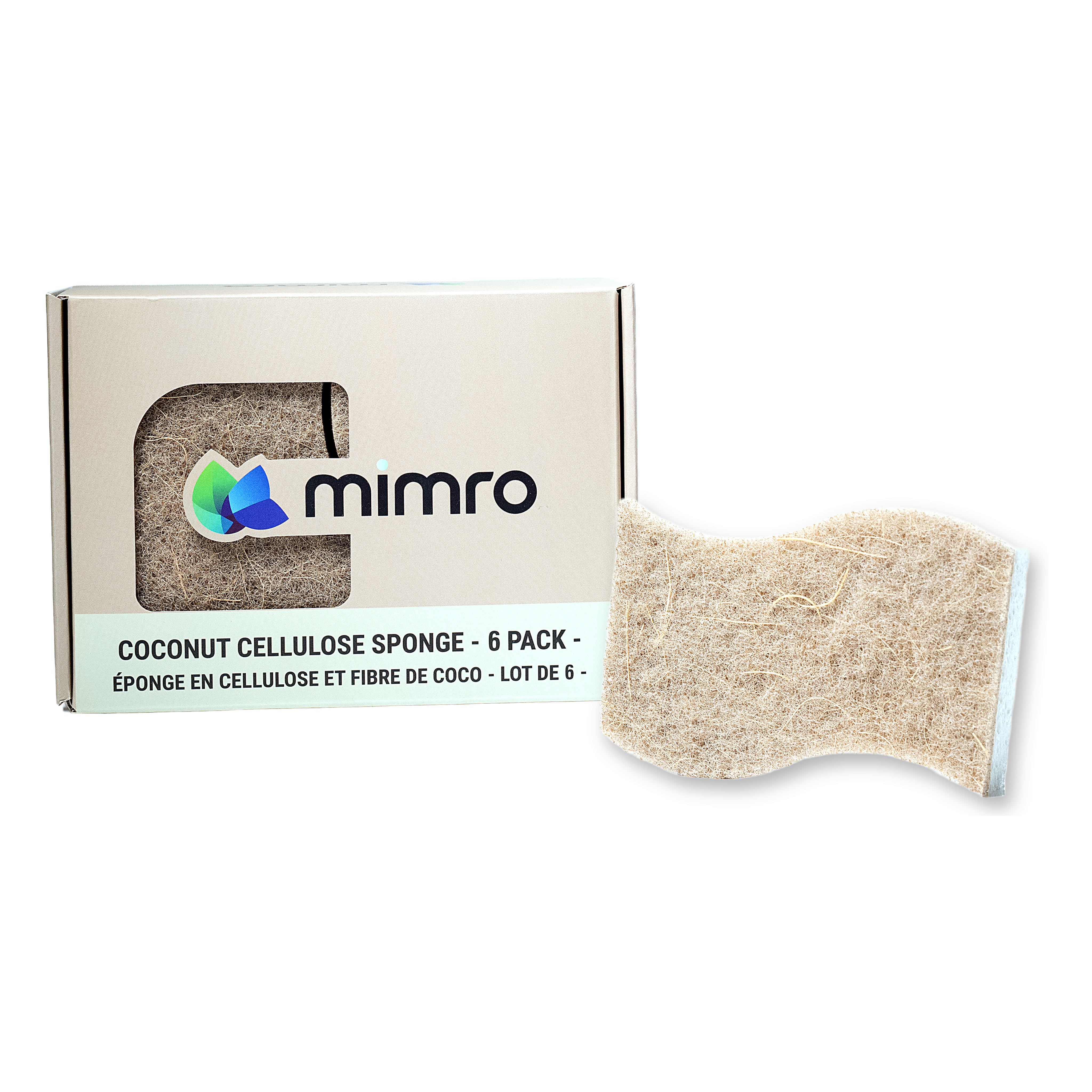 
                  
                    Mimro coconut cellulose kitchen sponge with scrubbing side and soft side, ideal for cleaning dishes and surfaces.
                  
                