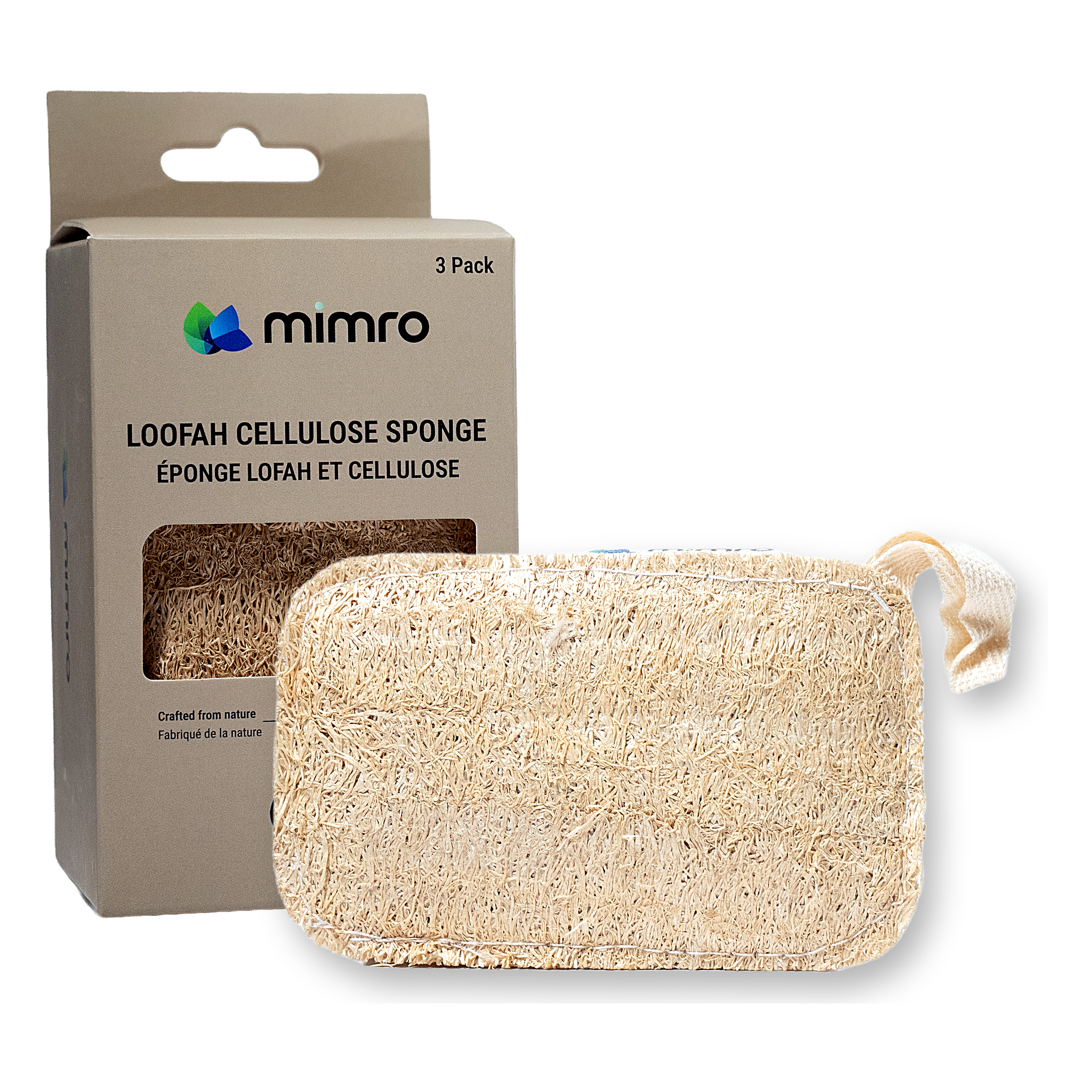 MIMRO Natural Loofah Cellulose Sponge 3-pack with natural loofah fibre scrubbing layer bonded to absorbent cellulose