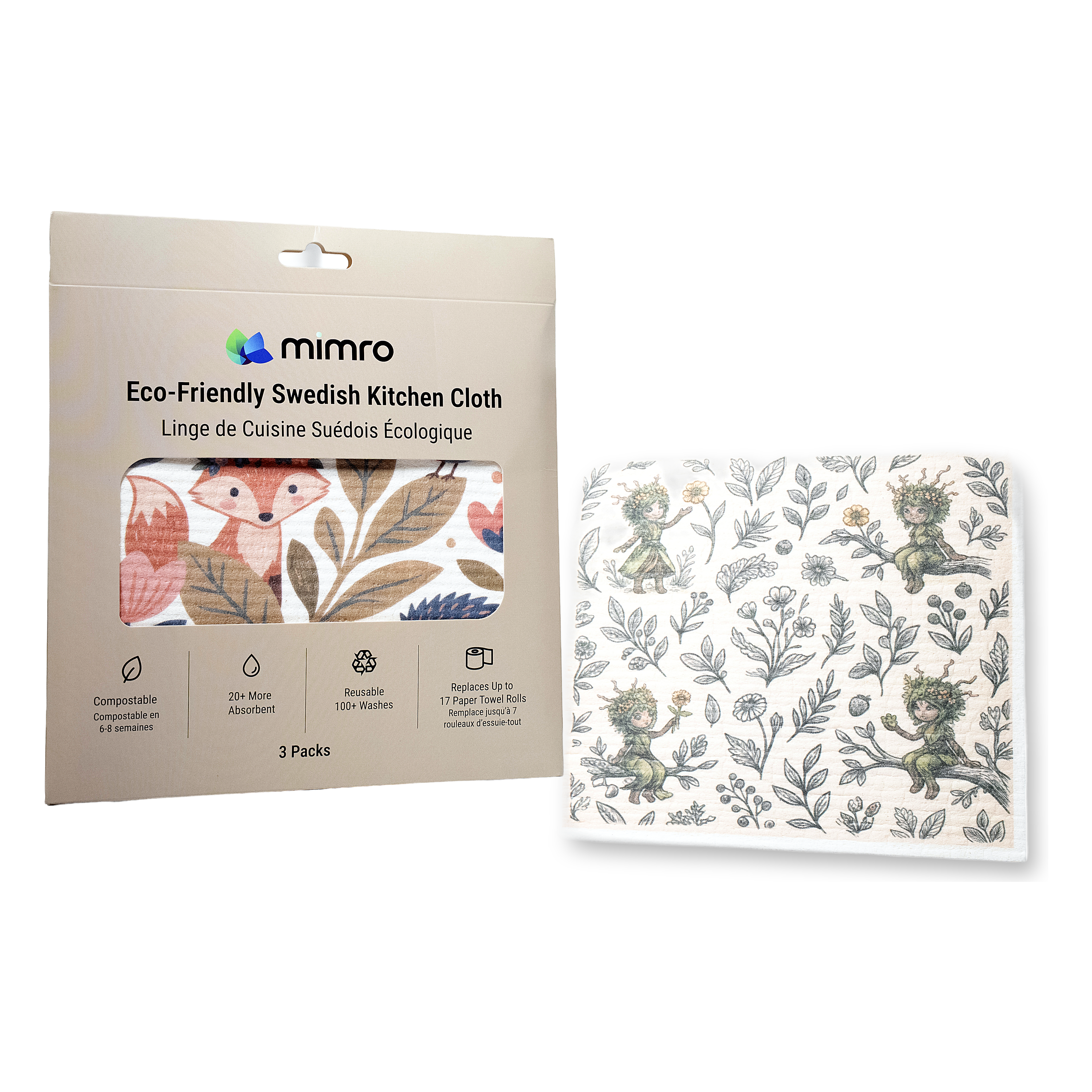 MIMRO Swedish Dishcloth 3-pack with woodland print, reusable and compostable