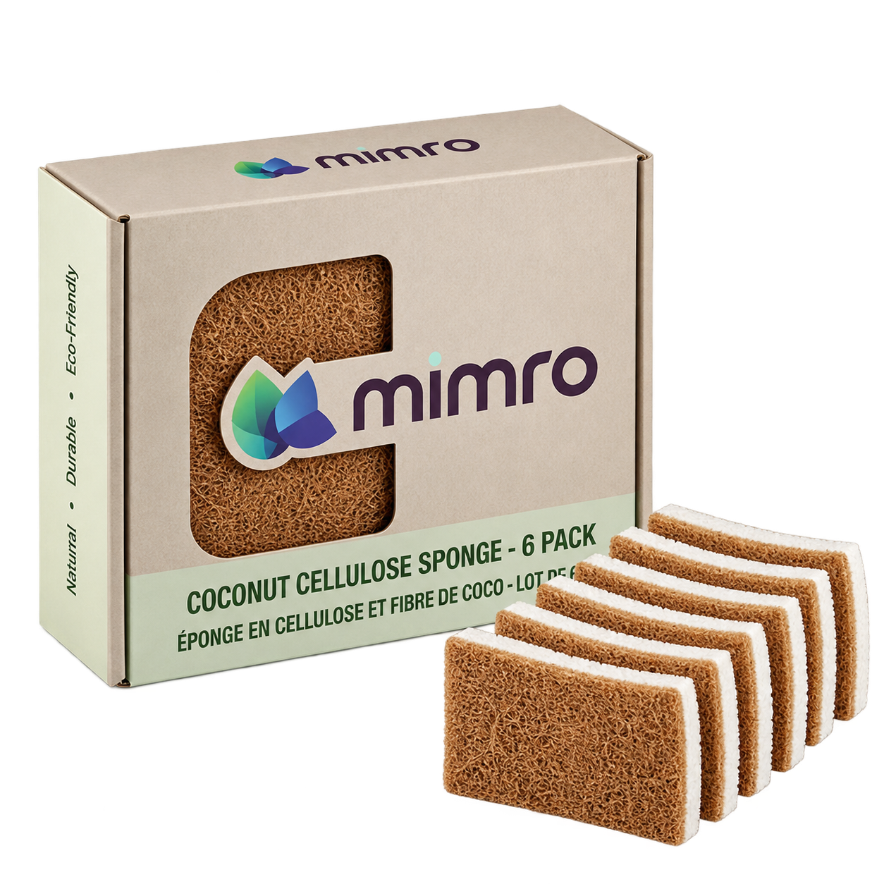 Mimro coconut cellulose kitchen sponge with scrubber side, ideal for cleaning dishes and surfaces in the kitchen.