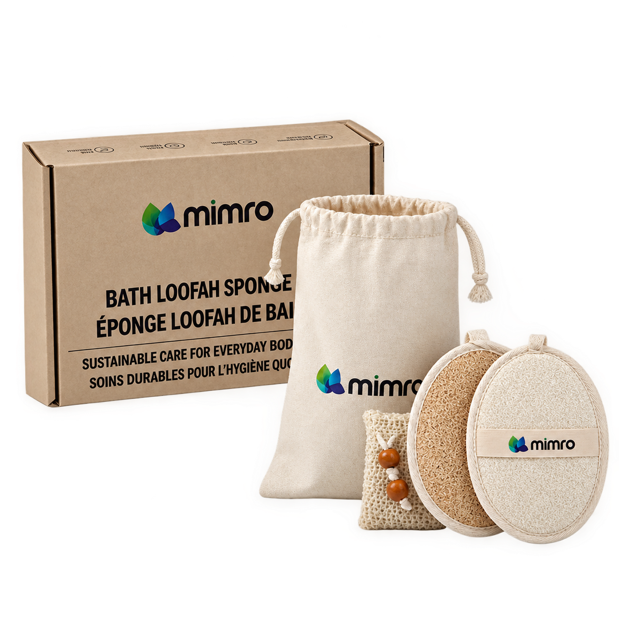 Mimro Natural Loofah Bath Set with exfoliating loofah sponges for gentle cleansing and skincare.