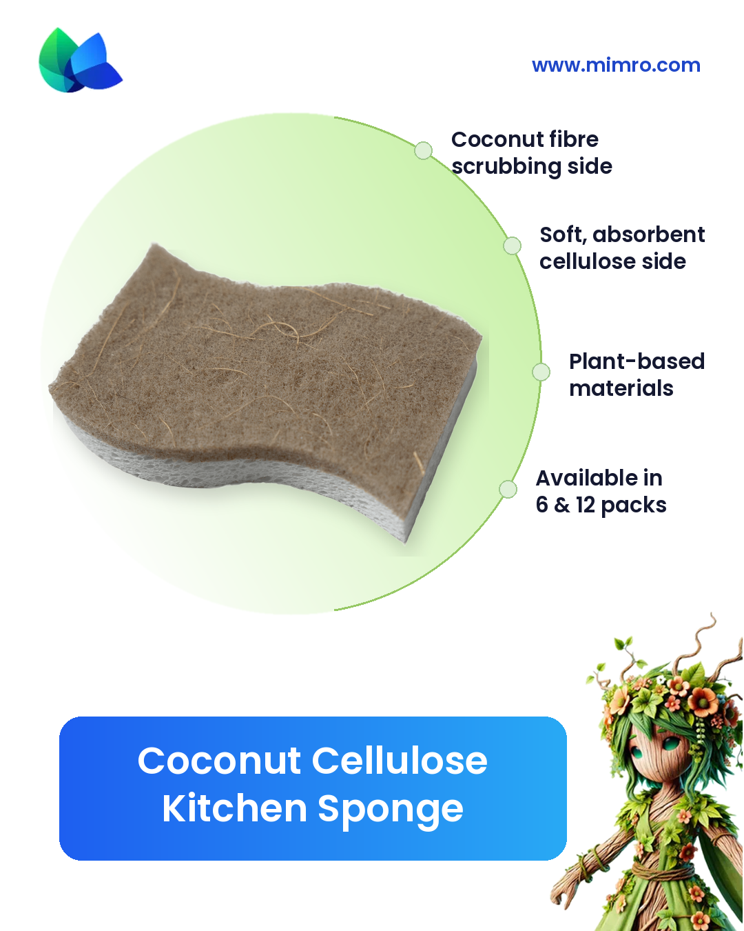 
                  
                    Natural coconut cellulose kitchen sponge by Mimro, showing textured surface ideal for cleaning dishes and surfaces.
                  
                