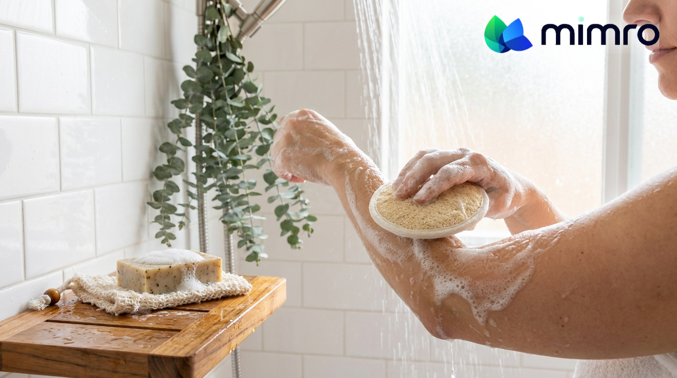 Exfoliating in the shower with a MIMRO natural loofah bath pad, soap-saver bag on the teak shelf