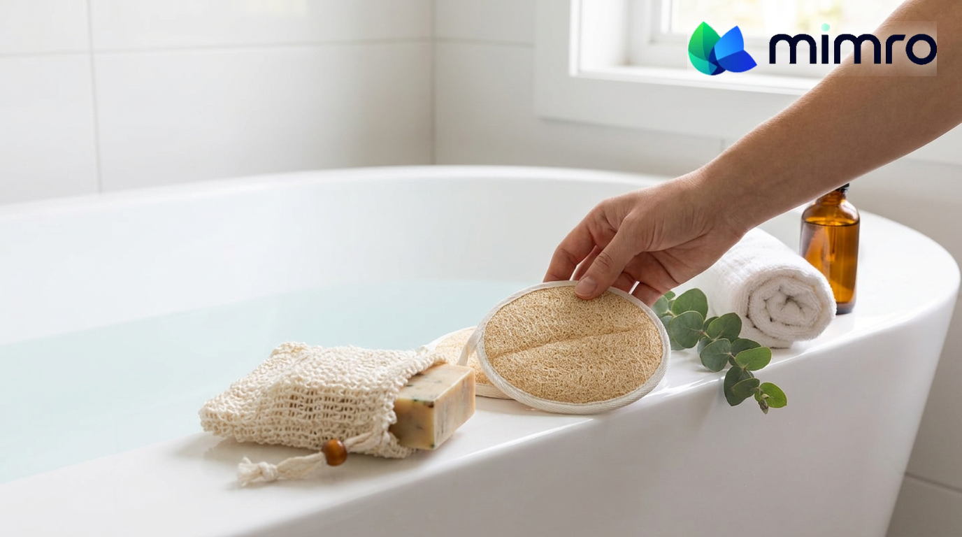 
                  
                    MIMRO loofah bath pad and soap-saver bag with natural soap on the edge of a bathtub
                  
                