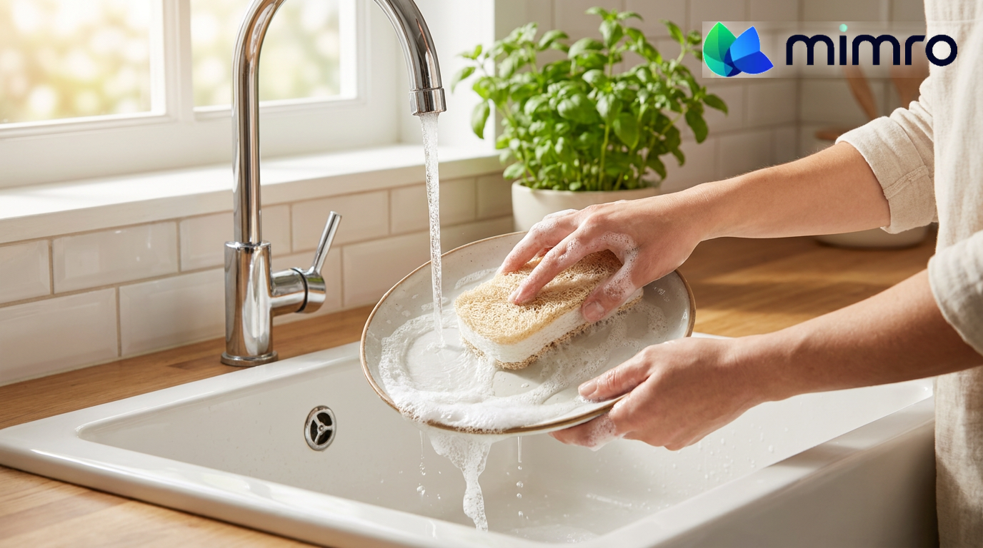 Washing a dinner plate at the kitchen sink with the MIMRO natural loofah cellulose sponge