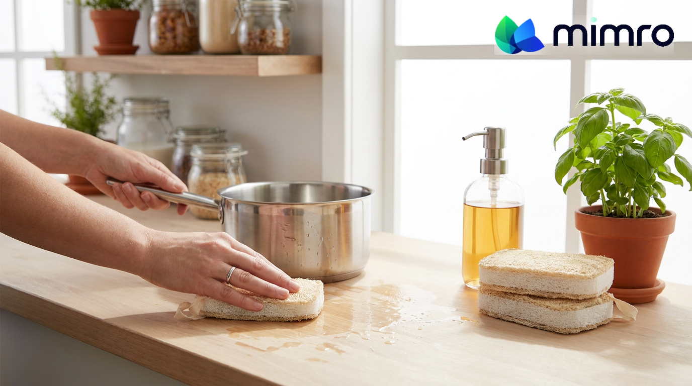 
                  
                    Wiping a wooden kitchen counter with the MIMRO loofah cellulose sponge, spare sponges stacked beside the soap dispenser
                  
                