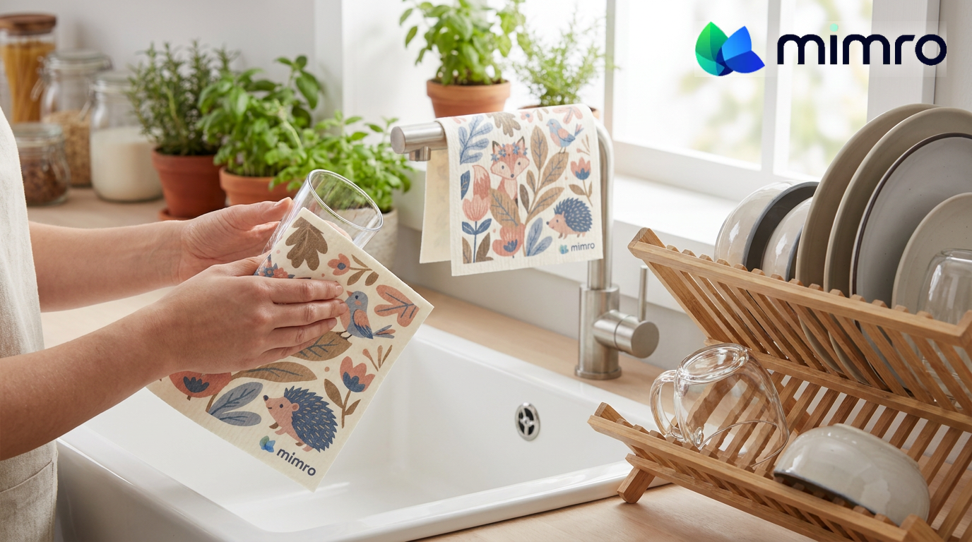 
                  
                    Drying a glass with a MIMRO Swedish dishcloth, another cloth hanging on the faucet
                  
                