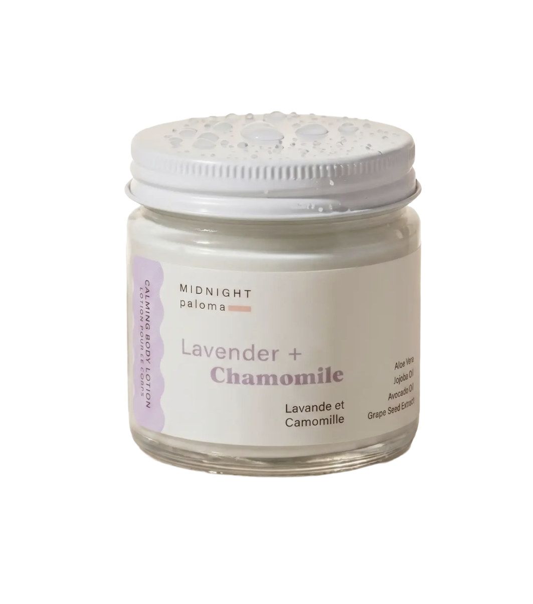Mimro Midnight Paloma lavender and chamomile body lotion with aloe vera and jojoba oil, creamy and soothing skincare product.