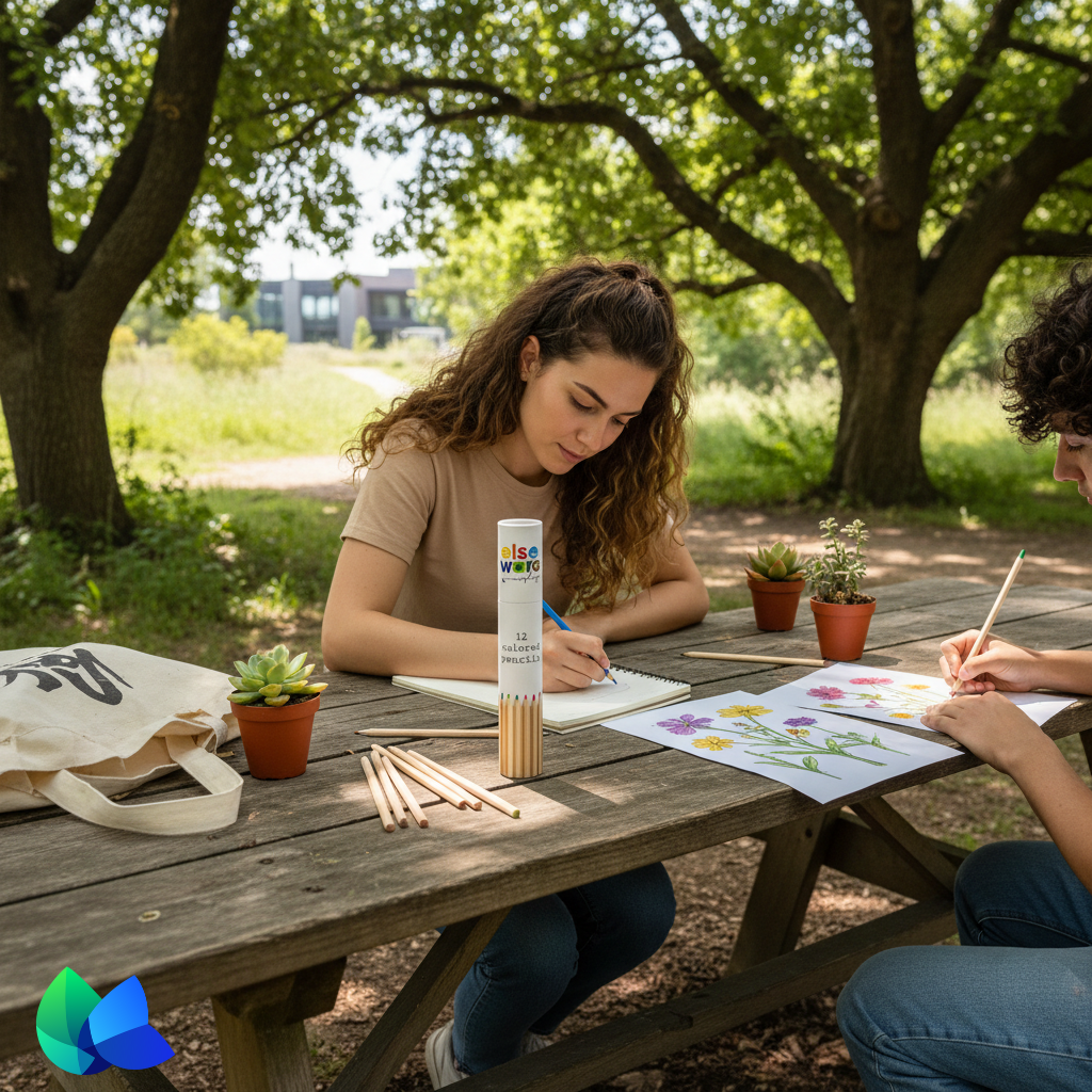 Mimro ELSEWARE UNPLUG colored pencils set with 12 vibrant shades in tall, 7-inch travel-size packaging.
