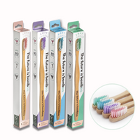 Four soft bamboo toothbrushes for adults from THE FUTURE IS BAMBOO brand, featuring natural bamboo handles and eco-friendly design.