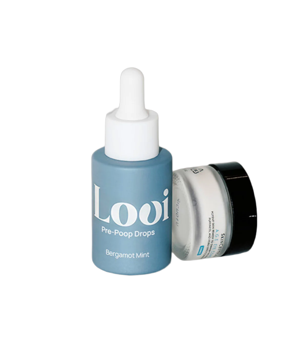 mimro LOUI Bergamot Peppermint Toilet Fresh Drops in a clear bottle with green and white label, designed to freshen toilets.