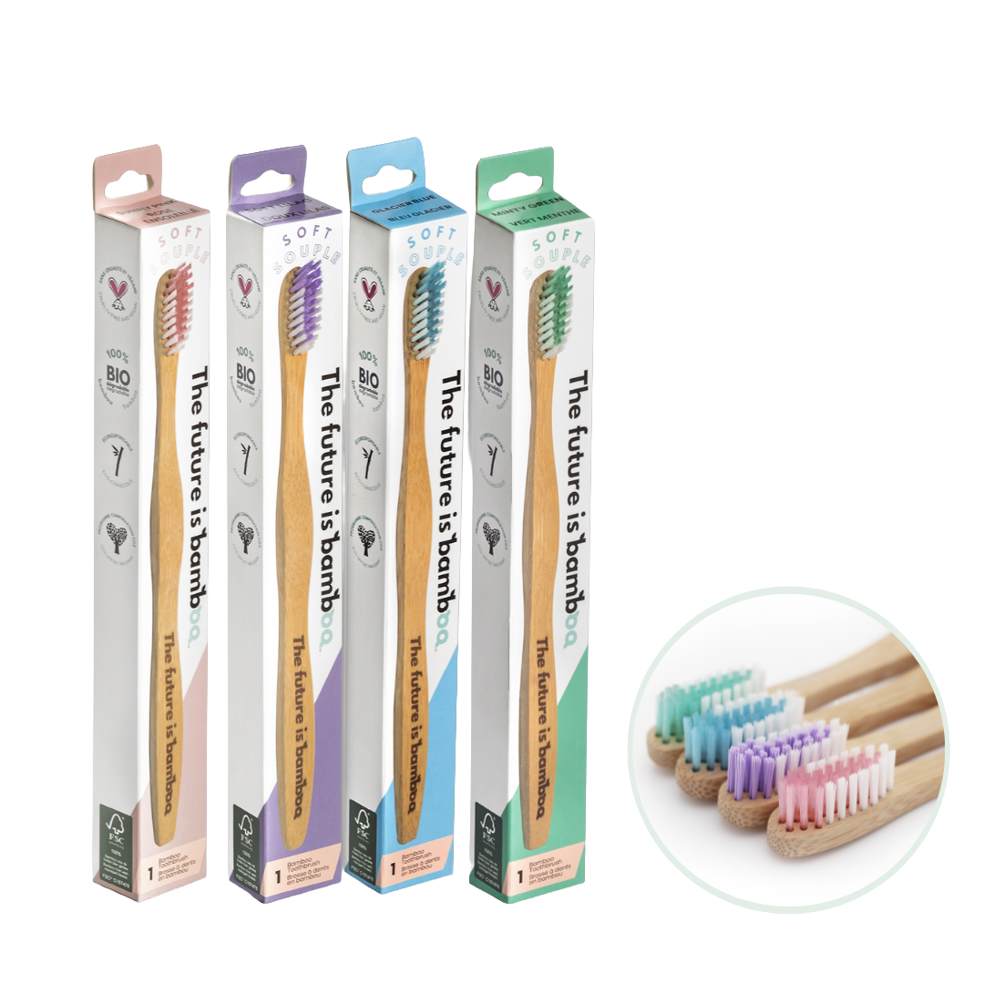Four soft bamboo toothbrushes from My Store, eco-friendly adult toothbrushes with natural bamboo handles.