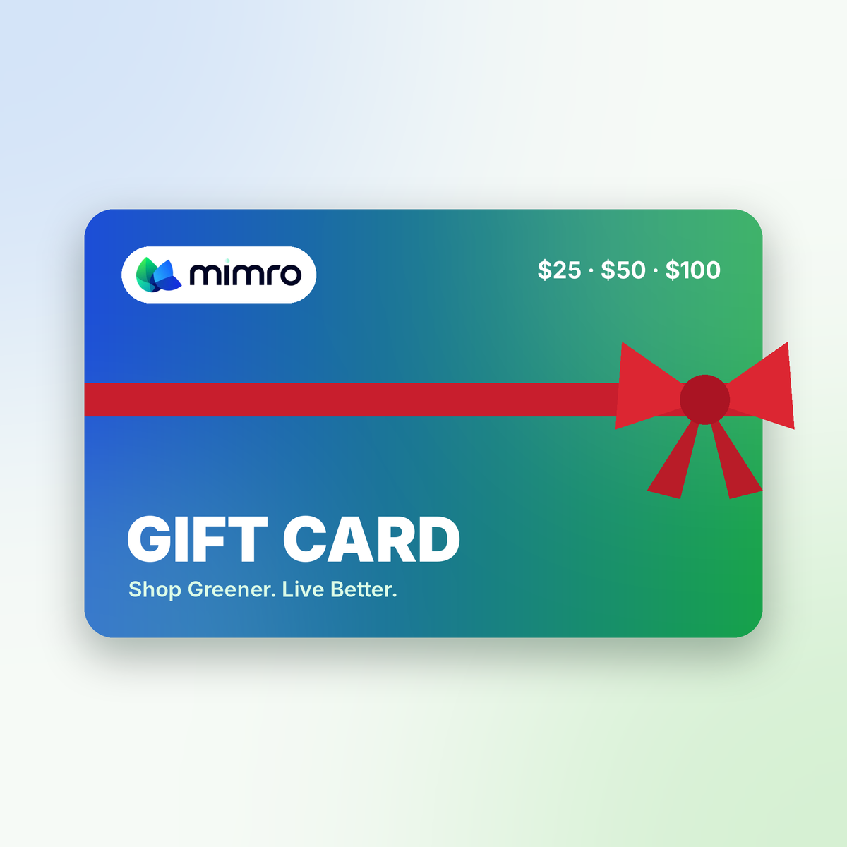 Mimro gift card featuring festive Christmas design, perfect for gifting, with a sleek rectangular shape and holiday-themed visuals.