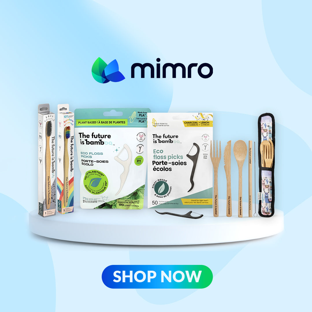 Mimro eco-friendly product display with packaging and utensils on a blue background